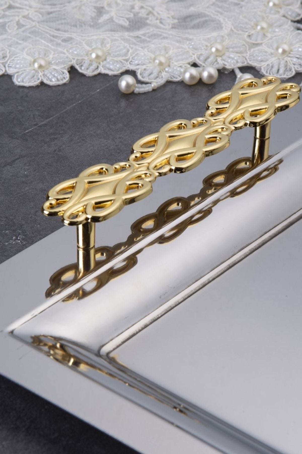 Mercan Silver Black 2'li İkramlık Sunumluk Servis Ve Çay Tepsisi - Perla Gold