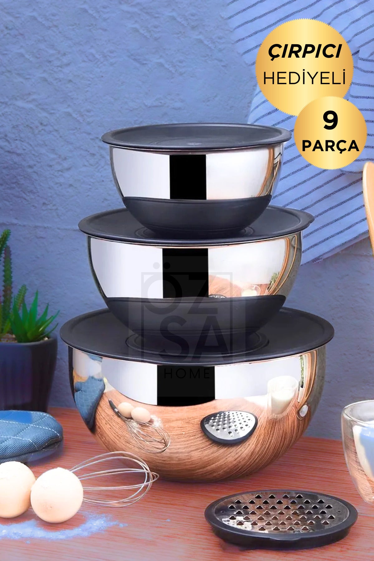 9 Parça 16-20-24 Cm 18/10 Çelik 3 Boy Çift Rendeli Karıştırma Kabı Saklama Kabı Seti