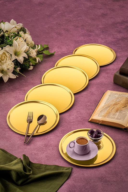 3 Adet Gold 3 Adet Gümüş Renk Lüx 21,5 Cm 6'lı Yuvarlak Servis Sunum Tepsisi - Gold