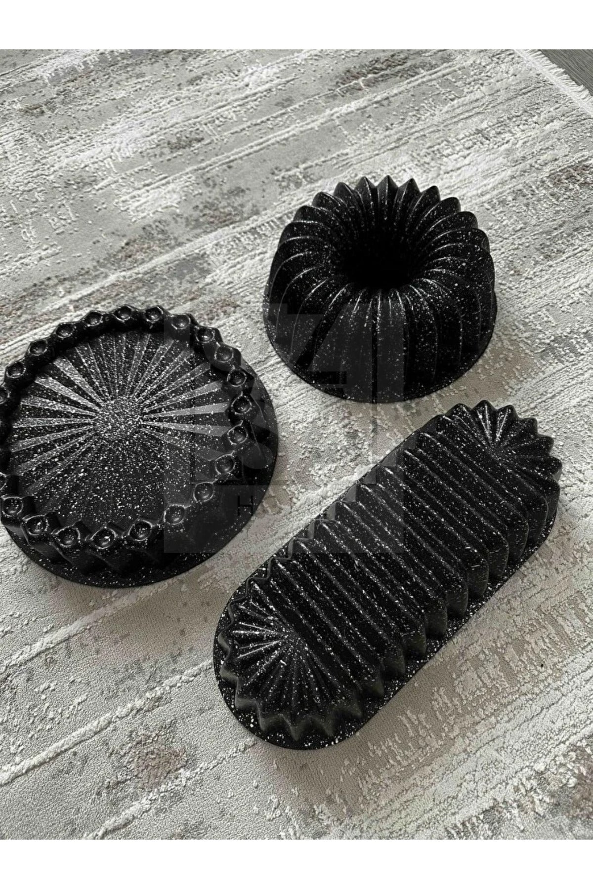 Hanımeli Döküm Granit Kek Turta Seti 3'lü Döküm Tart Kalıbı Dilimli Döküm Kek Kalıbı Çeyiz Seti - Siyah