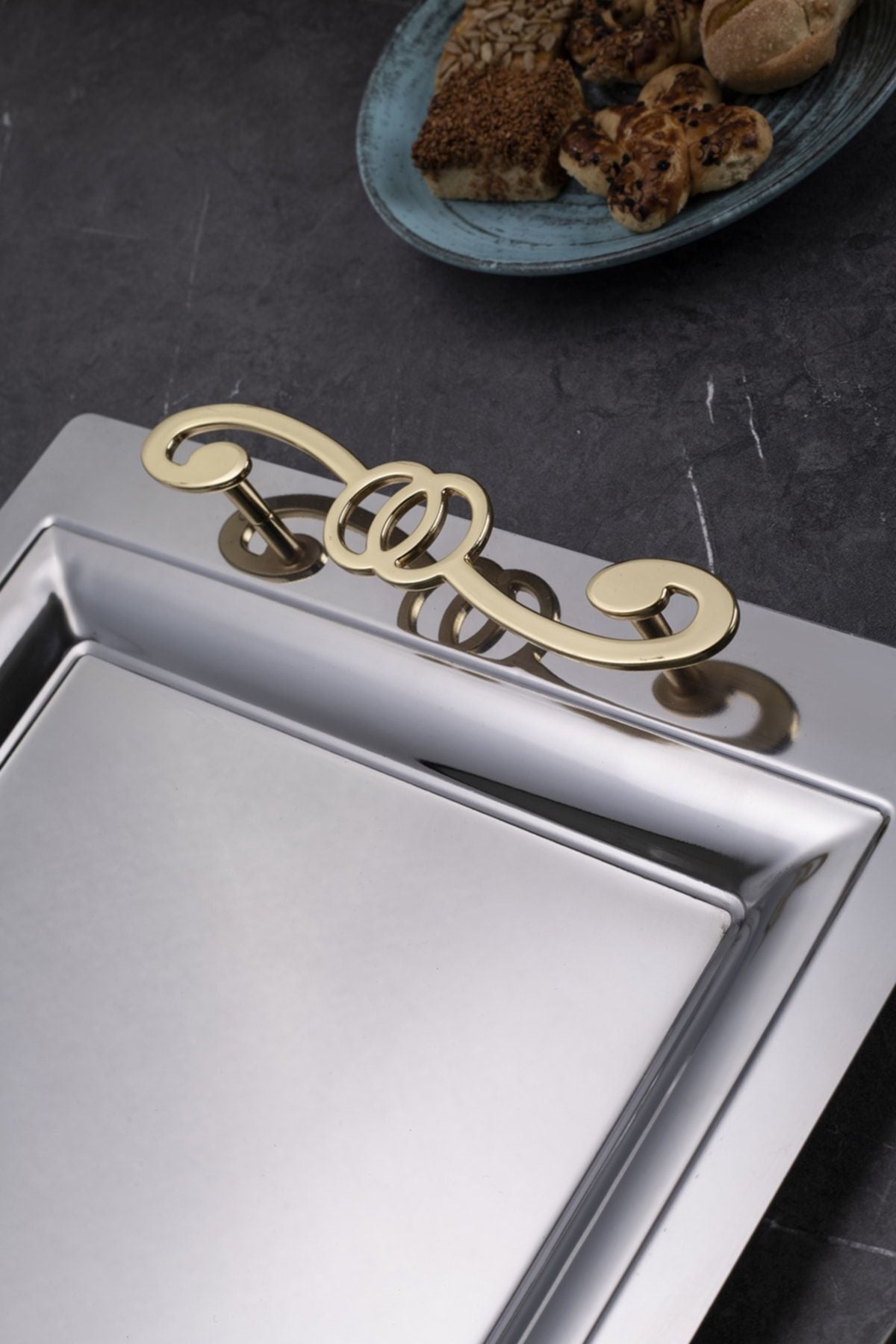 Mercan Silver Black 2'li İkramlık Sunumluk Servis Ve Çay Tepsisi - paslanmaz 1