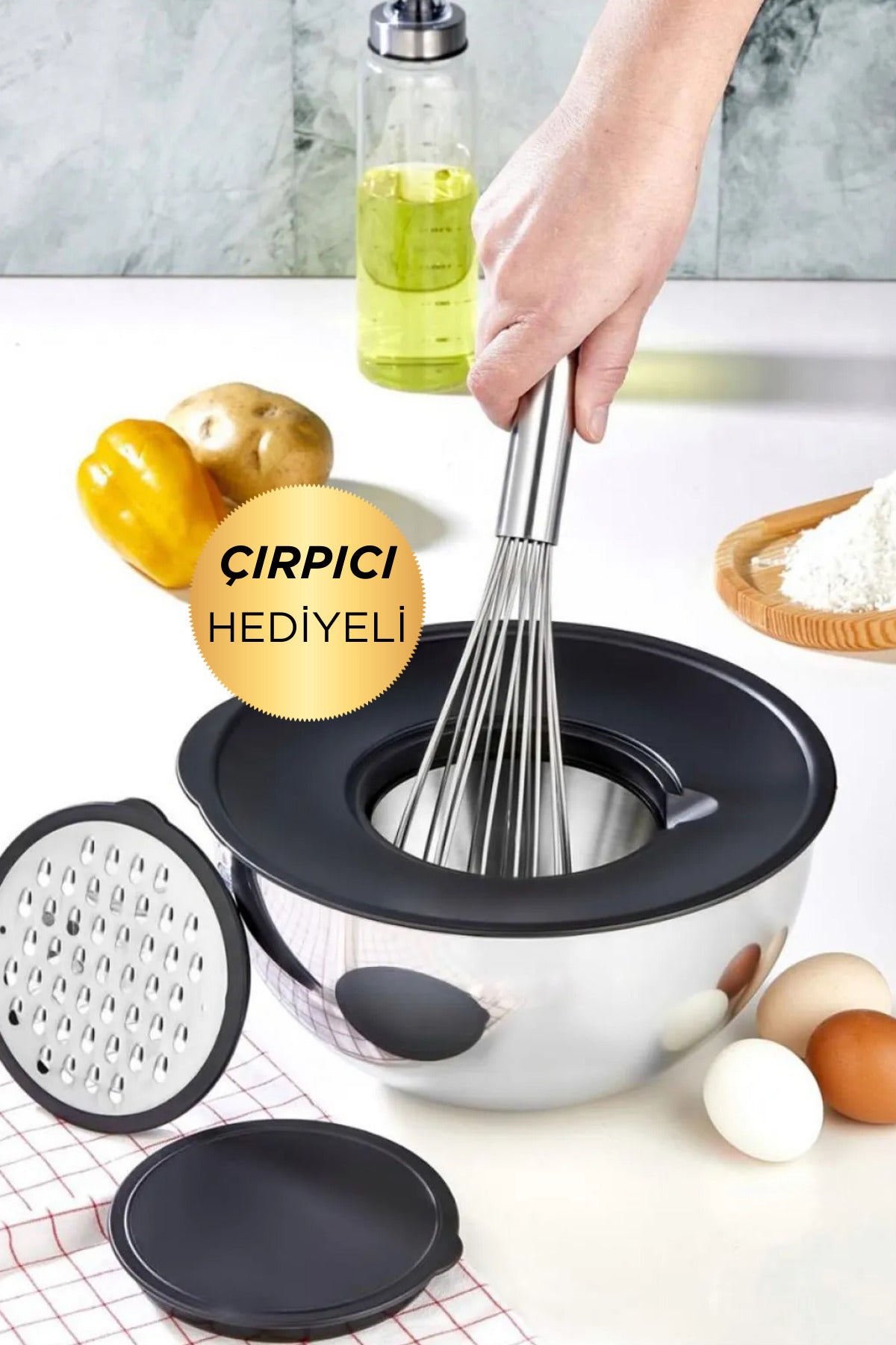 9 Parça 16-20-24 Cm 18/10 Çelik 3 Boy Çift Rendeli Karıştırma Kabı Saklama Kabı Seti - Gümüş