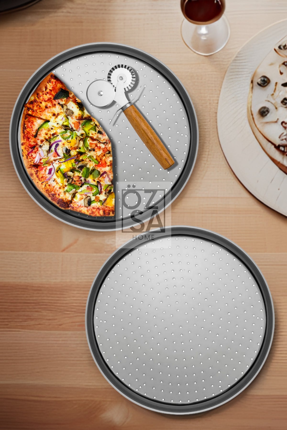 2'li Küçük Boy Delikli Pizza Tepsisi Lahmacun Pide Tepsisi 28cm Bambu Çift Taraflı Pizza Ruleti Seti