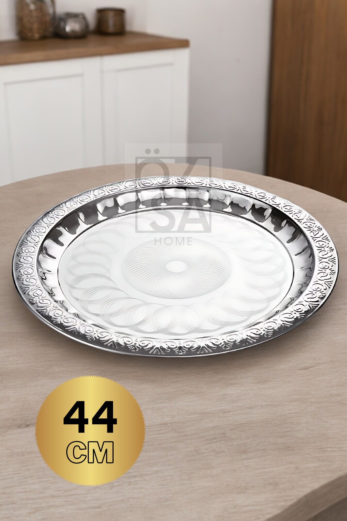 Paslanmaz Çelik Desenli Yuvarlak Çay Tepsi Kahve Servis Sunum Tepsi 44cm