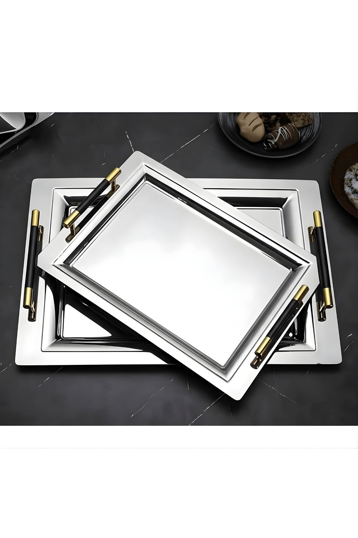 Mercan Silver Black 2'li İkramlık Sunumluk Servis Ve Çay Tepsisi