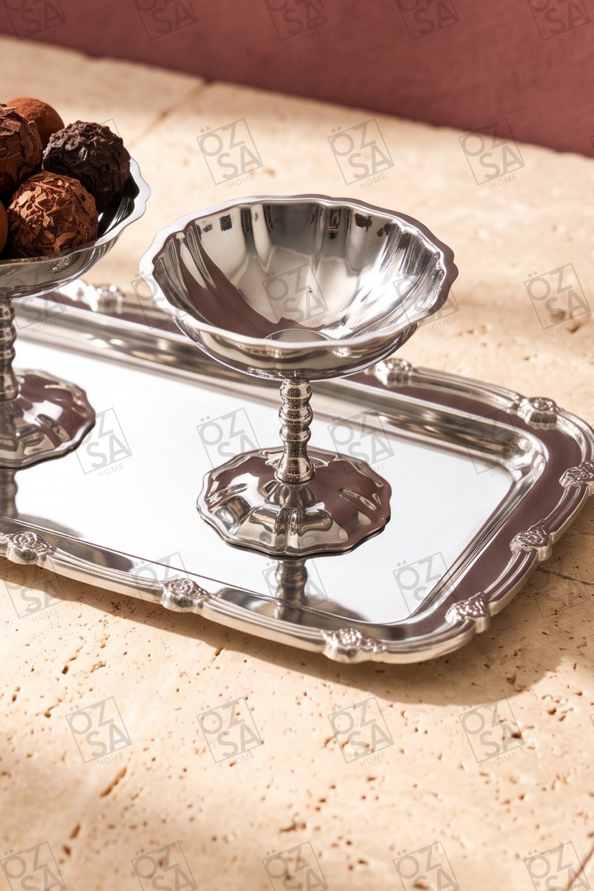 Antique 3 Parça Paslanmaz Çelik Ayaklı Kase Lüx Dikdörtgen Tepsili Sunum Takımı Kahvaltılık Reçellik Çerezlik - Gümüş