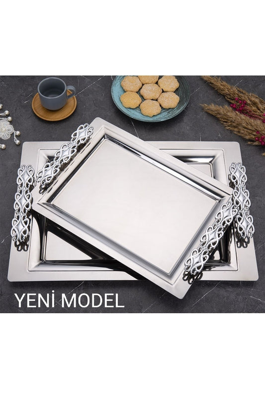 Mercan Silver Black 2'li İkramlık Sunumluk Servis Ve Çay Tepsisi - Perla