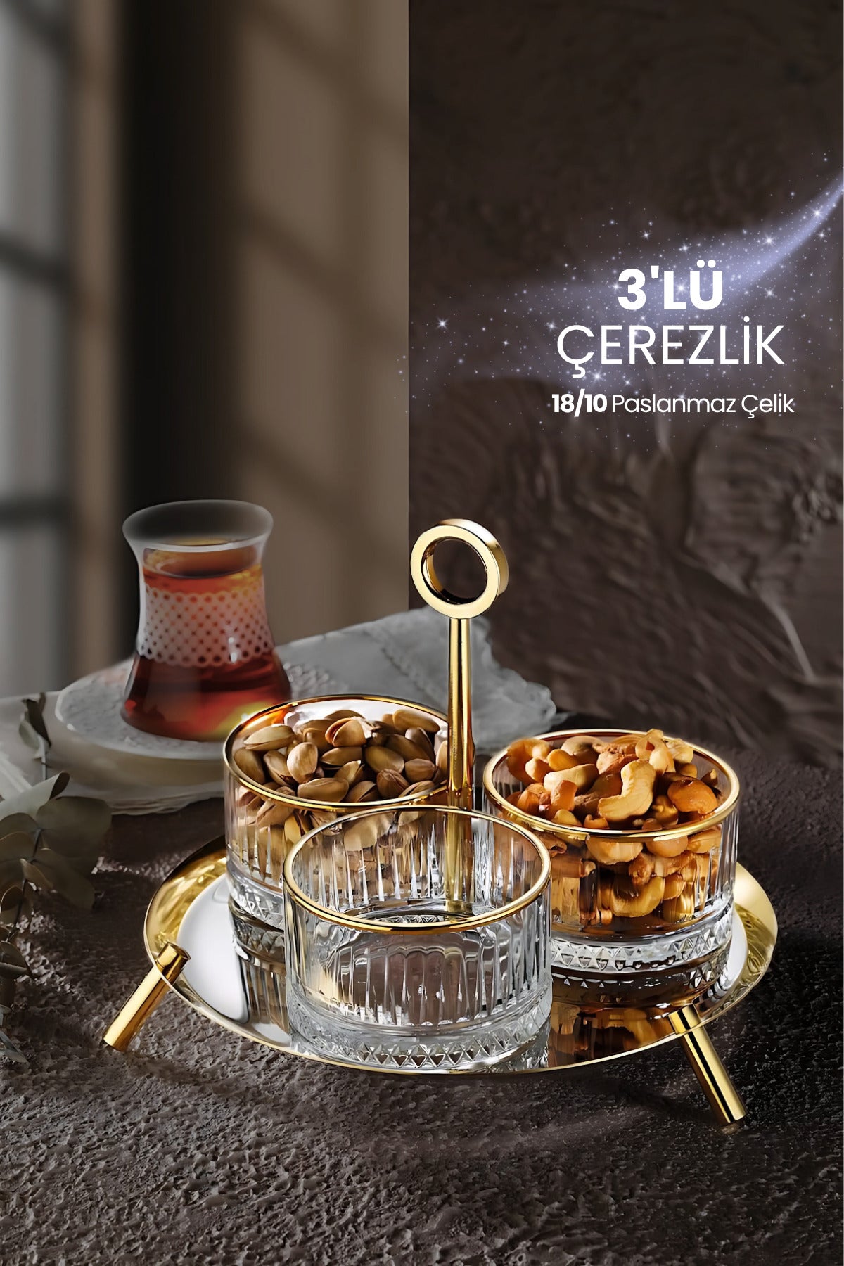 Lunes 3'lü Çerezlik Askılı İkramlık Sunumluk 18/10 Paslanmaz Çelik Elysia Kase İkramlık Reçellik
