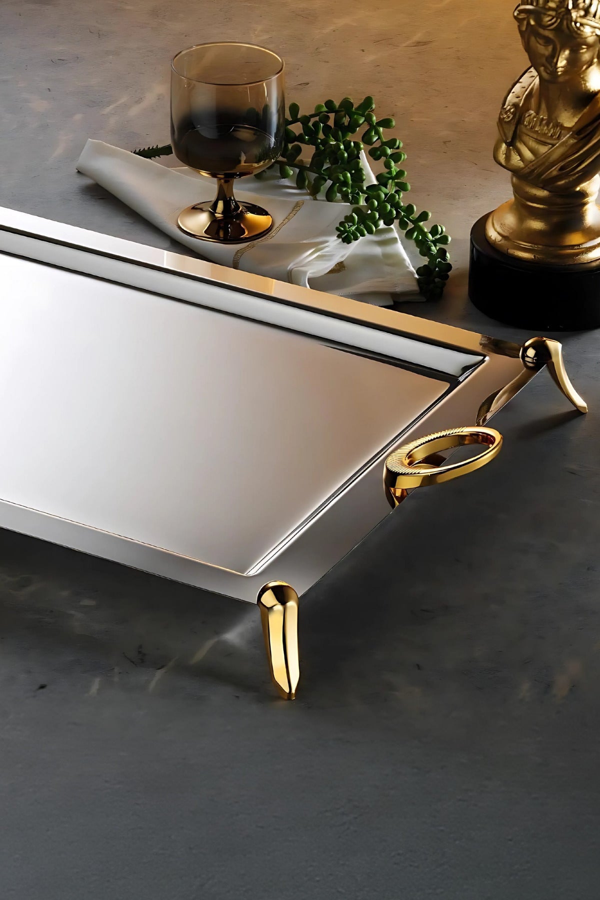 Vanes Gold 18/10 Paslanmaz Çelik Ayaklı Tepsi Çay ve Kahve Servis Sunum İkramlık Tepsi - Gold