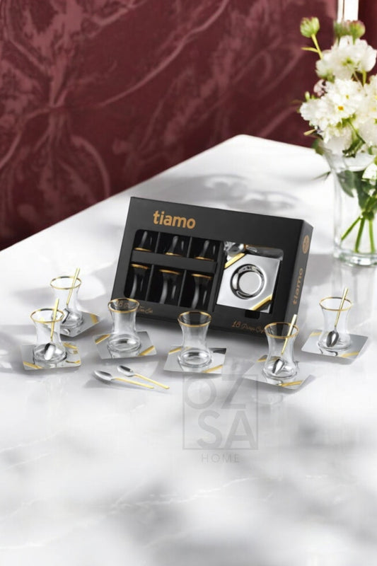 Tiamo Mira Premium 18/10 Paslanmaz Çelik 18 Parça Çay Seti Çay Bardağı Çay Tabağı Çeyizlik - Gold