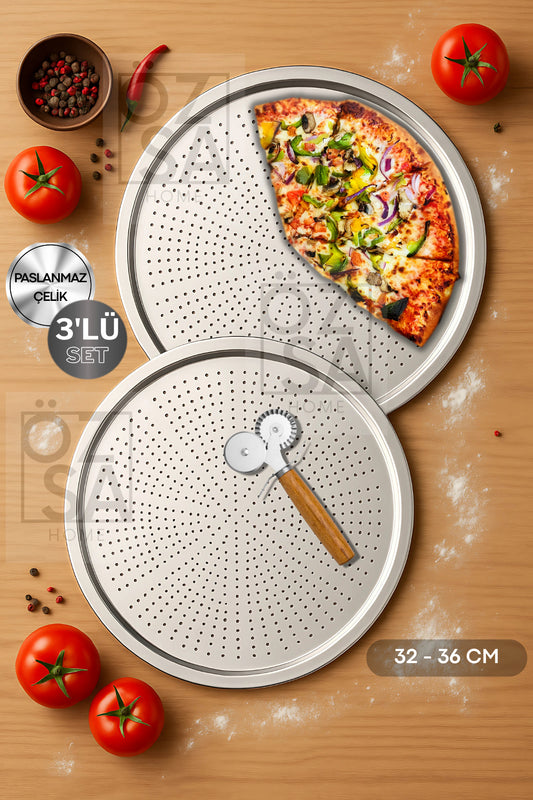 3 Parça Büyük Boy Delikli Pizza Tepsi Seti Lahmacun Tepsisi Pizza Kesici Seti 32-36cm