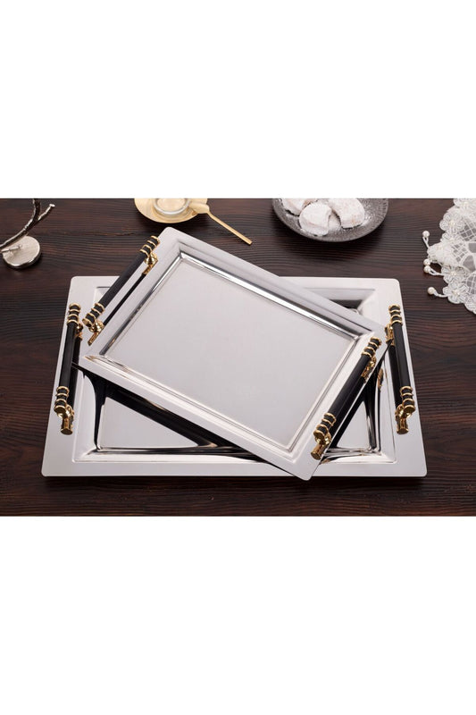 Mercan Silver Black 2'li İkramlık Sunumluk Servis Ve Çay Tepsisi - ELEGAN