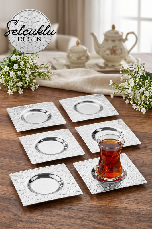 6'lı Selçuklu Gold Çay Tabağı - 18/10 Paslanmaz Çelik 6 Kişilik - Gümüş
