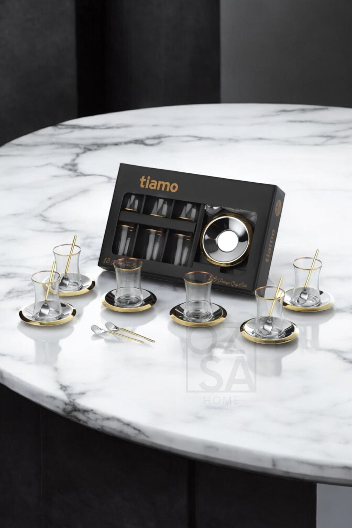 Tiamo Bella Premium 18/10 Paslanmaz Çelik 18 Parça Çay Seti Çay Bardağı Çay Tabağı Çeyizlik - Gold