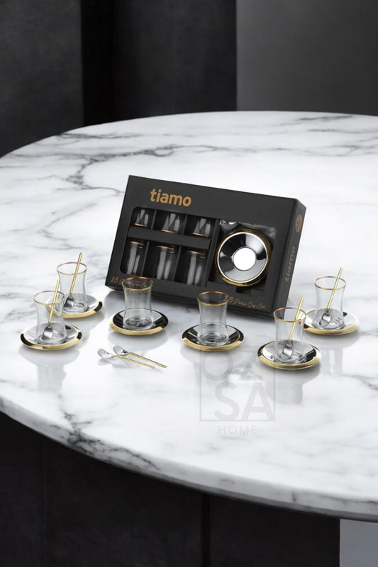 Tiamo Bella Premium 18/10 Paslanmaz Çelik 18 Parça Çay Seti Çay Bardağı Çay Tabağı Çeyizlik - Gold