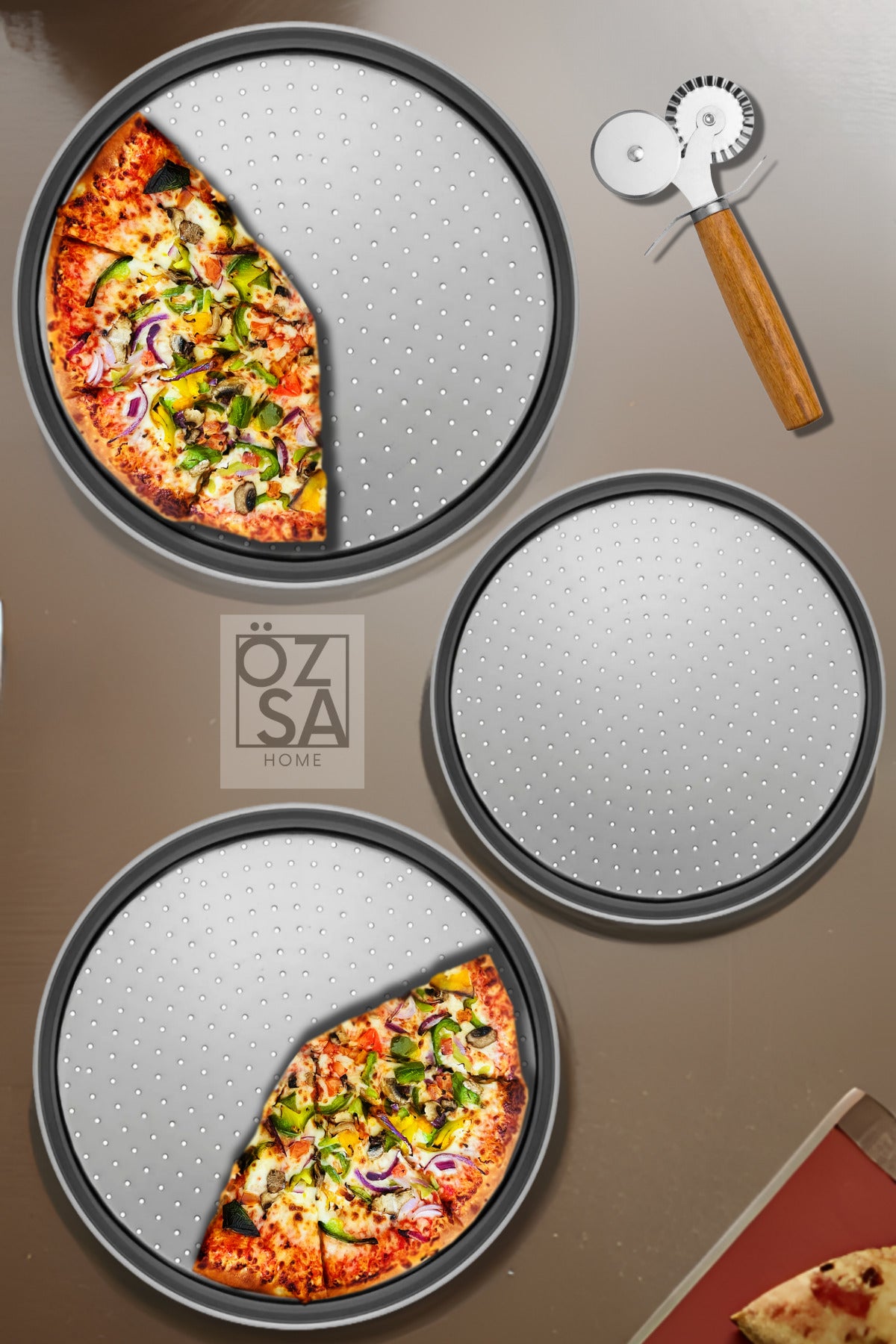 3'lü Delikli Pizza Tepsisi Lahmacun Pide Tepsisi Çelik Tepsi Bambu Çift Taraflı Pizza Ruleti Seti