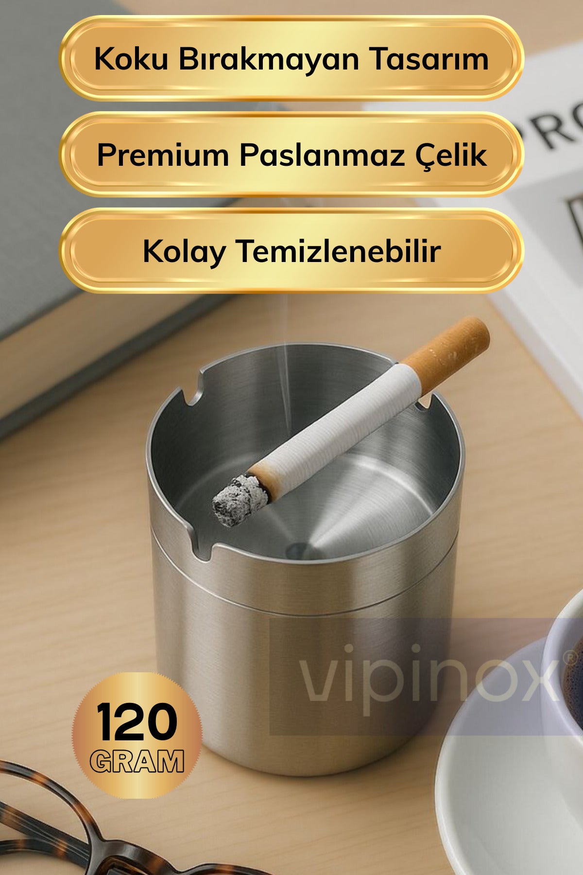 3 Adet Paslanmaz Çelik Kapaklı Premium Kokusuz Küllük Otel Kafe Restoran Kül Tablası 120 gr - Metalik