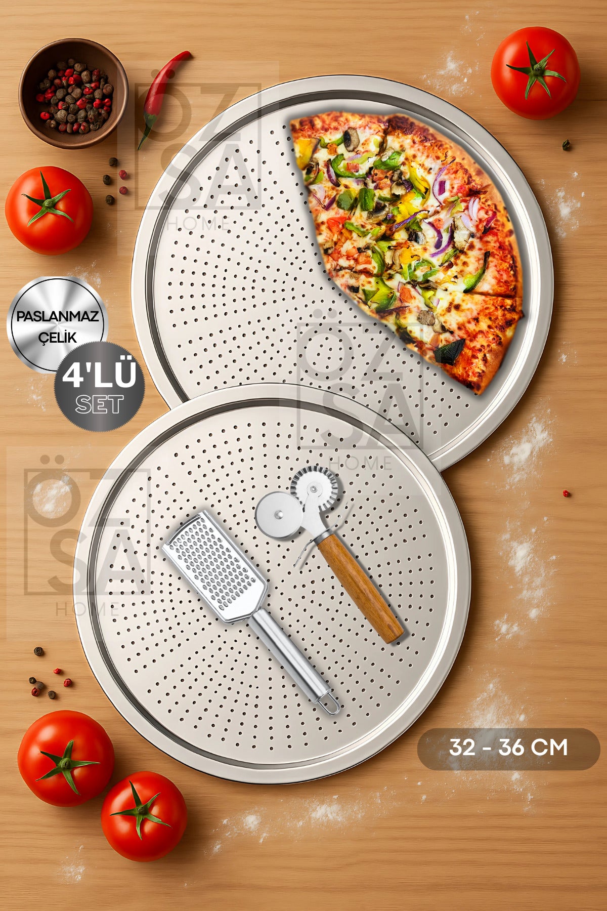 4 Parça Büyük Boy Delikli Pizza Tepsi Seti Lahmacun Tepsisi Peynir Rendesi Pizza Kesici Seti 32-36cm