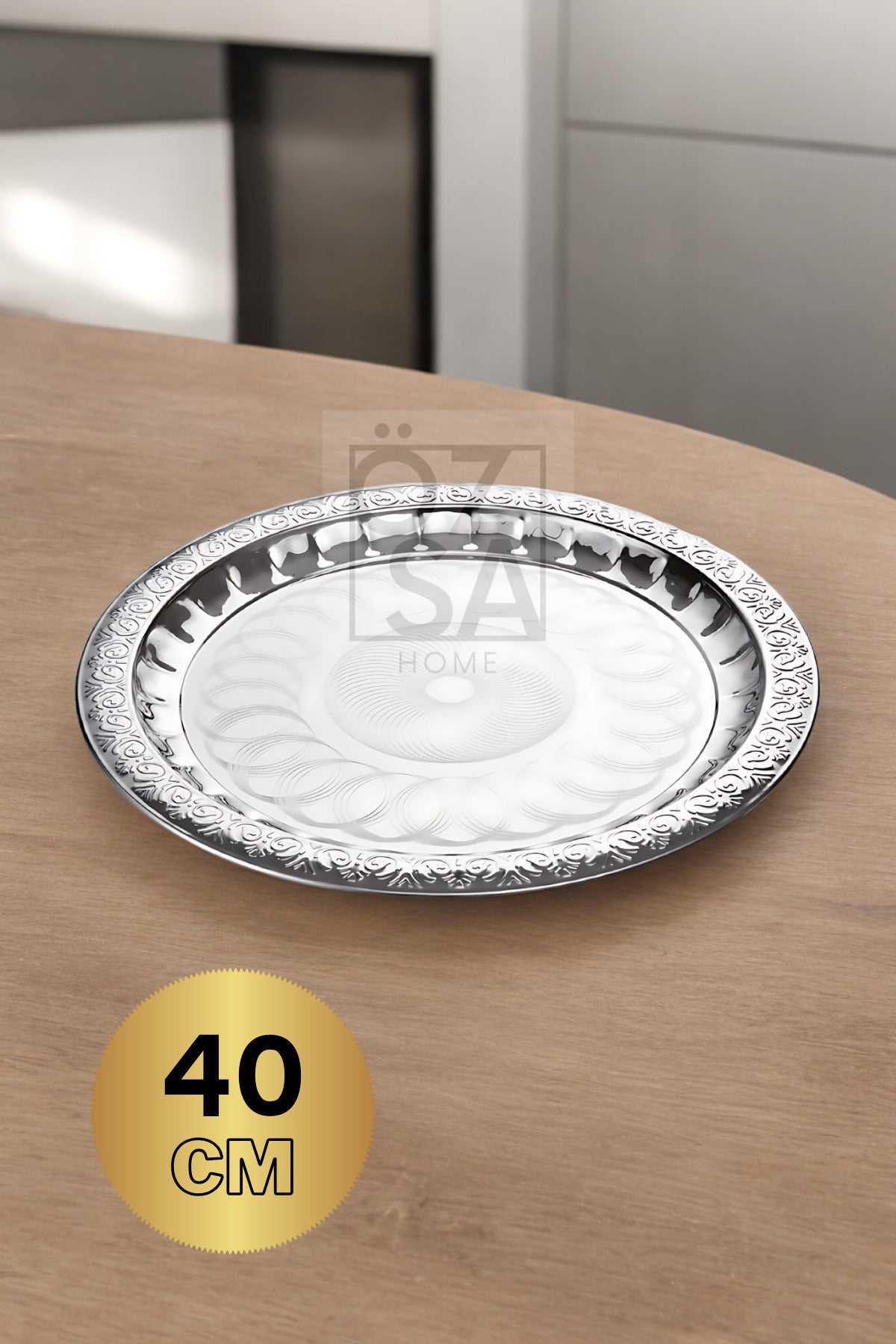 Paslanmaz Çelik Desenli Gold Yuvarlak Çay Tepsi Kahve Servis Sunum Tepsi 40cm - Gümüş