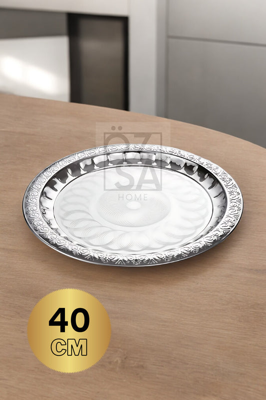 Paslanmaz Çelik Desenli Gold Yuvarlak Çay Tepsi Kahve Servis Sunum Tepsi 40cm - Gümüş