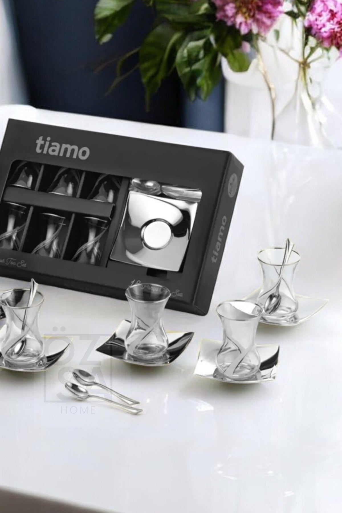 Tiamo Ela Premium 18/10 Paslanmaz Çelik 18 Parça Çay Seti Çay Bardağı Çay Tabağı Çeyizlik - Gümüş