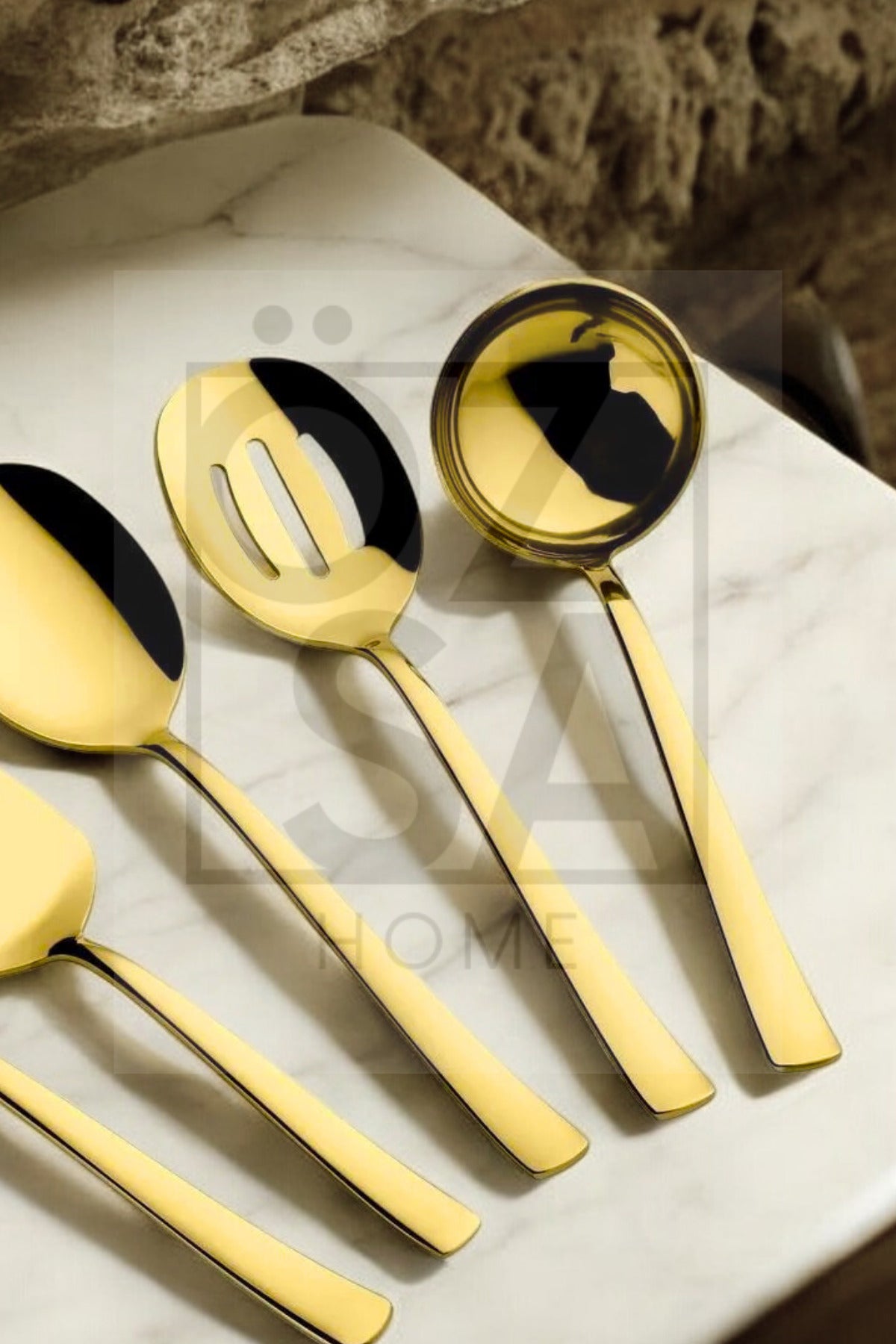 5 Parça Gold Sos Servis Sunum Seti Paslanmaz Çelik 5'li Servis Takımı Kepçe Kevgir Kaşık Spatula - Gold