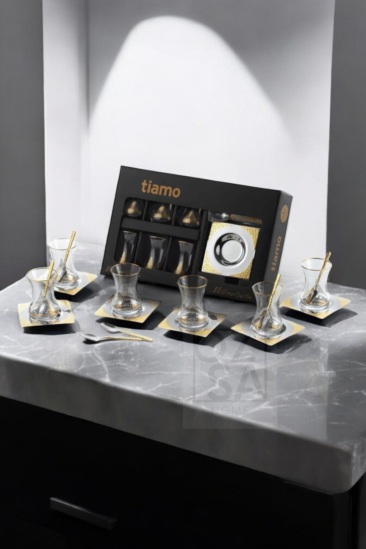 Tiamo Ottoman Premium 18/10 Paslanmaz Çelik 18 Parça Çay Seti Çay Bardağı Çay Tabağı Çeyizlik