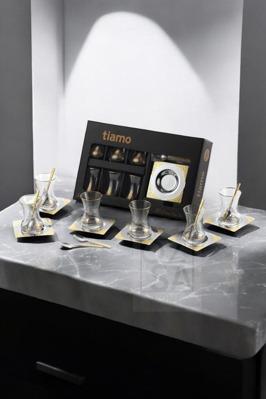 Tiamo Ottoman Premium 18/10 Paslanmaz Çelik 18 Parça Çay Seti Çay Bardağı Çay Tabağı Çeyizlik