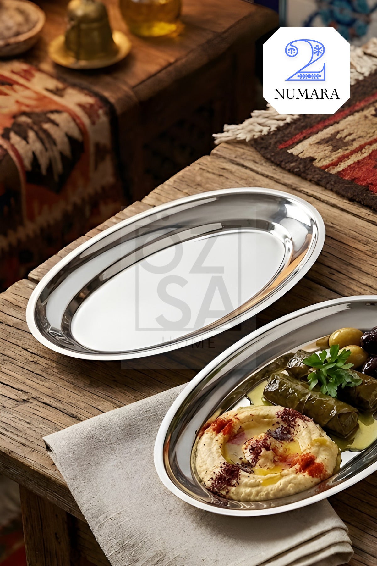 Ovalis 2'li Küçük Boy Çelik Meyve Salata Meze Tabağı Servis Sunum Parlak Kayık Tabak Seti No: 2 - Gümüş