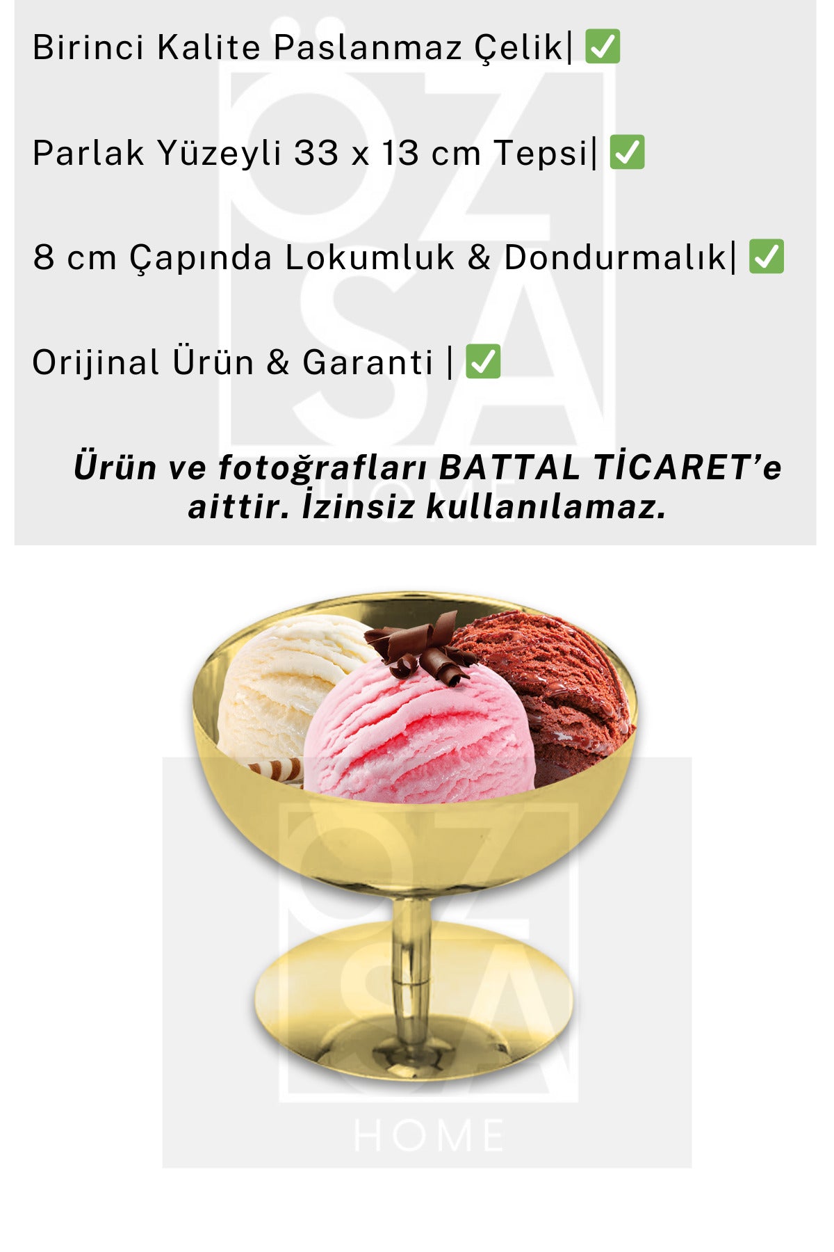 6 Kişilik Gold Dondurmalık Sunum Seti Ayaklı Dondurma Tatlı Kasesi 2li Tepsi Dondurma Kaşığı Seti - Gold
