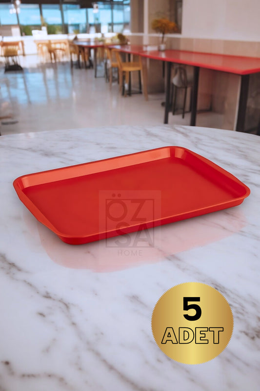 5 Adet Servis Tepsi Çay Servis Fast Food Servis Sunum Tepsisi 27 X 36 cm ABS Tepsi Büfe Restoran - Kırmızı