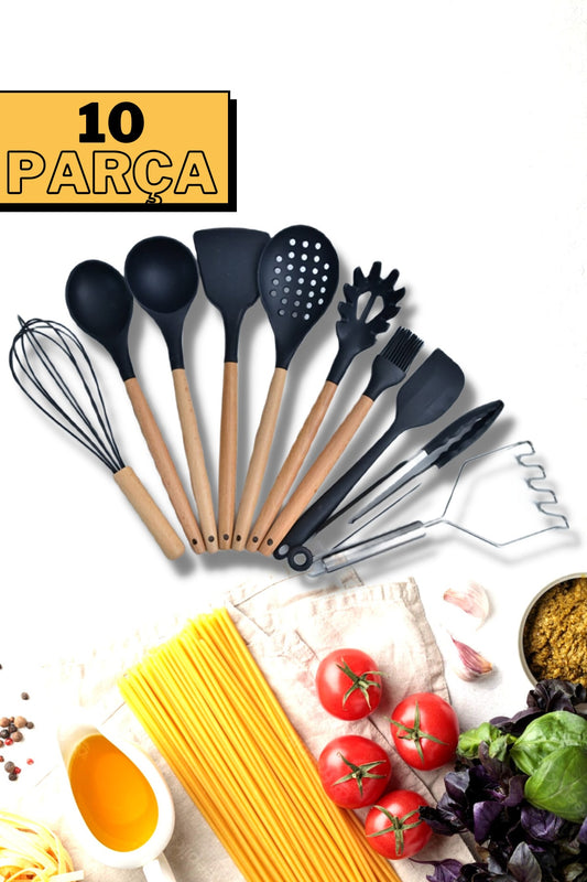 10 Parça Silikon Kepçe Kevgir Kaşık Çırpıcı Patates Ezici Bambu Saplı Mutfak Servis Seti Takımı