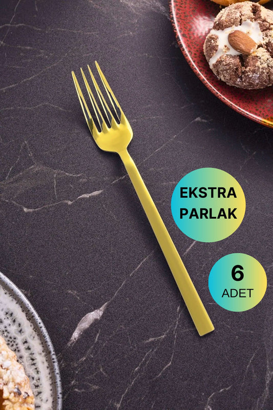 6 Adet Lüx Parlak Gold Tatlı Çatalı Paslanmaz Çelik Çubuk Model Altın Tatlı Çatalı
