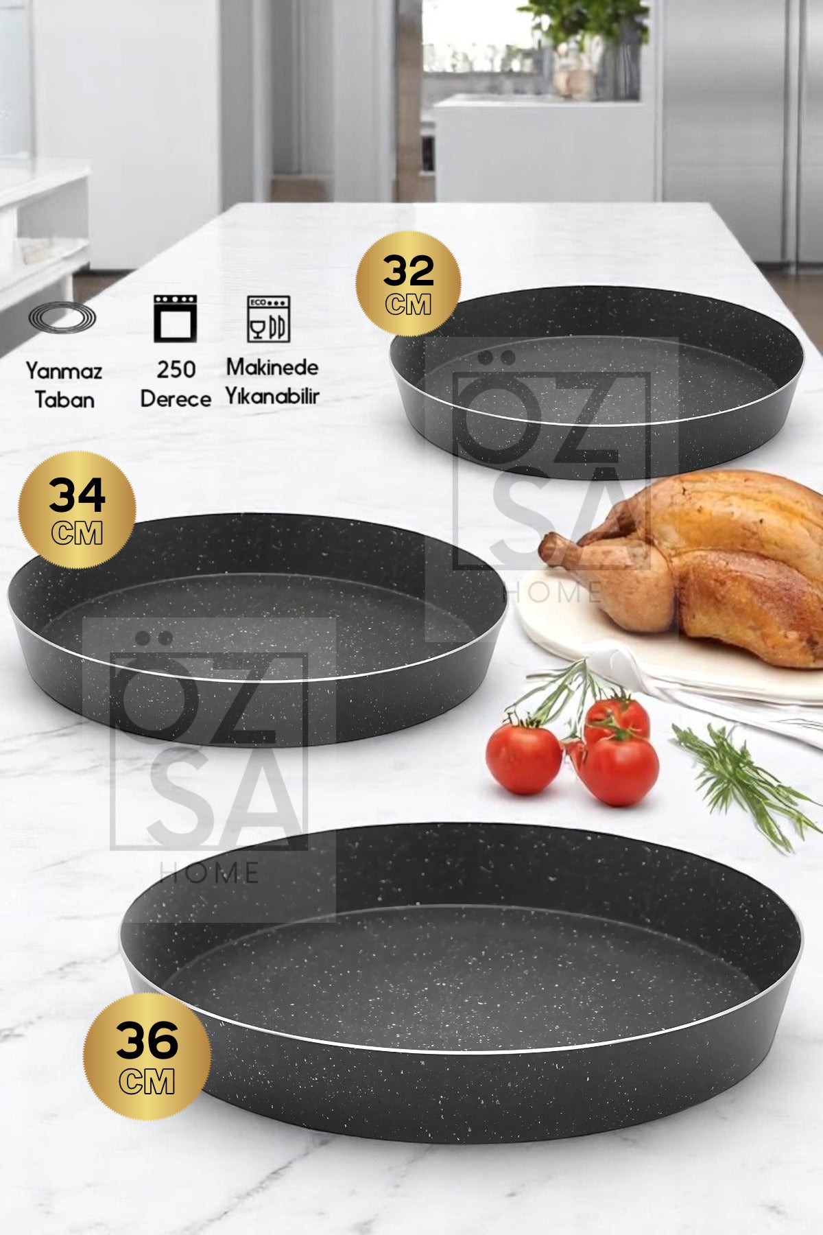 3'lü Granit Fırın Tepsi Seti Yuvarlak Fırın Tepsi Set 32-34-36 Cm - Antrasit