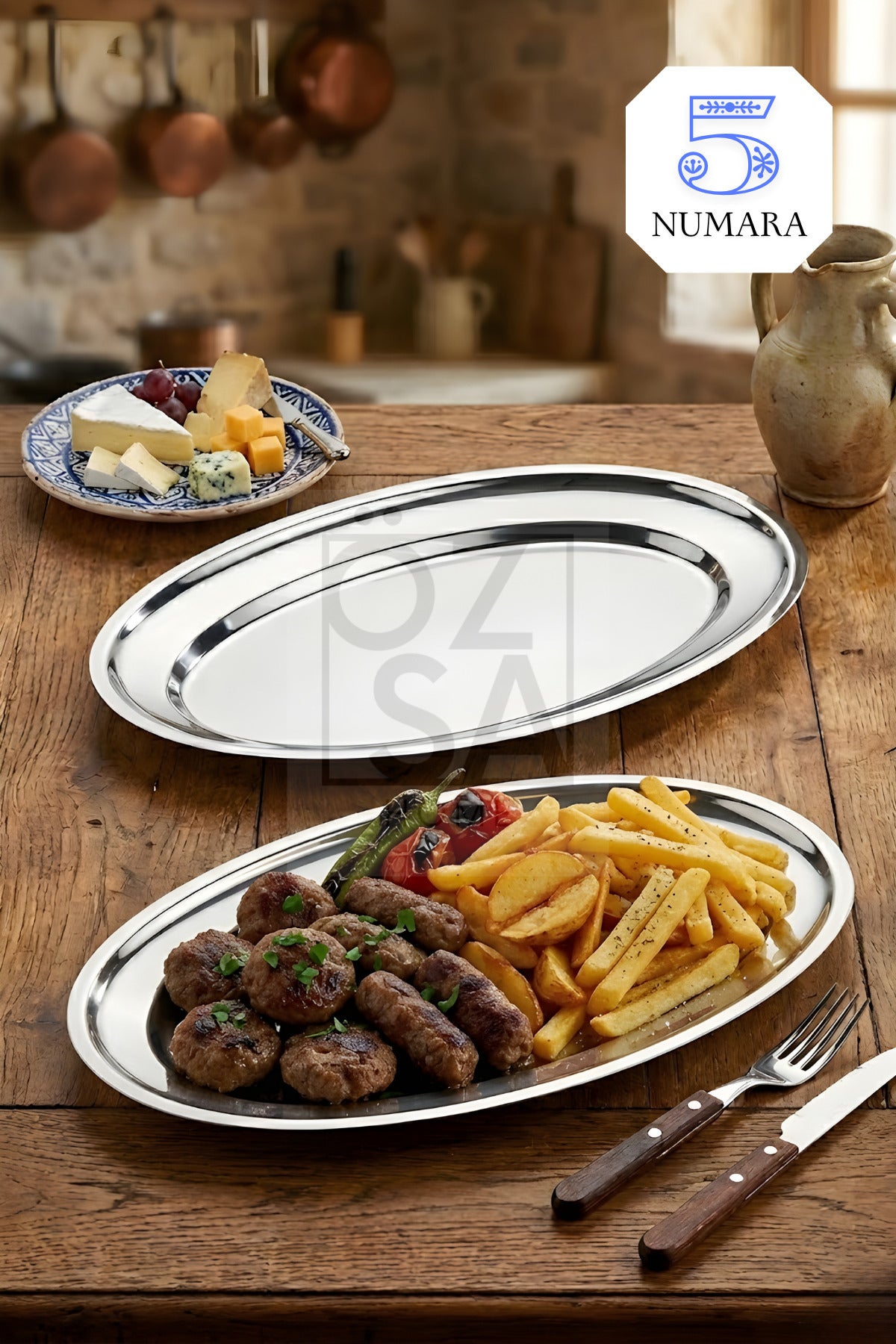 Ovalis 2'li Büyük Boy Çelik Meyve Salata Meze Tabağı Servis Sunum Parlak Kayık Tabak Seti No: 5