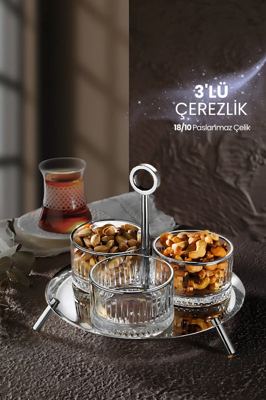Lunes 3'lü Çerezlik Askılı İkramlık Sunumluk 18/10 Paslanmaz Çelik Elysia Kase İkramlık Reçellik - Gri
