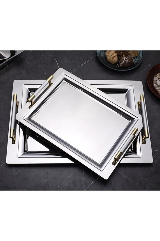 Mercan Silver Black 2'li İkramlık Sunumluk Servis Ve Çay Tepsisi - paslanmaz çelik 2