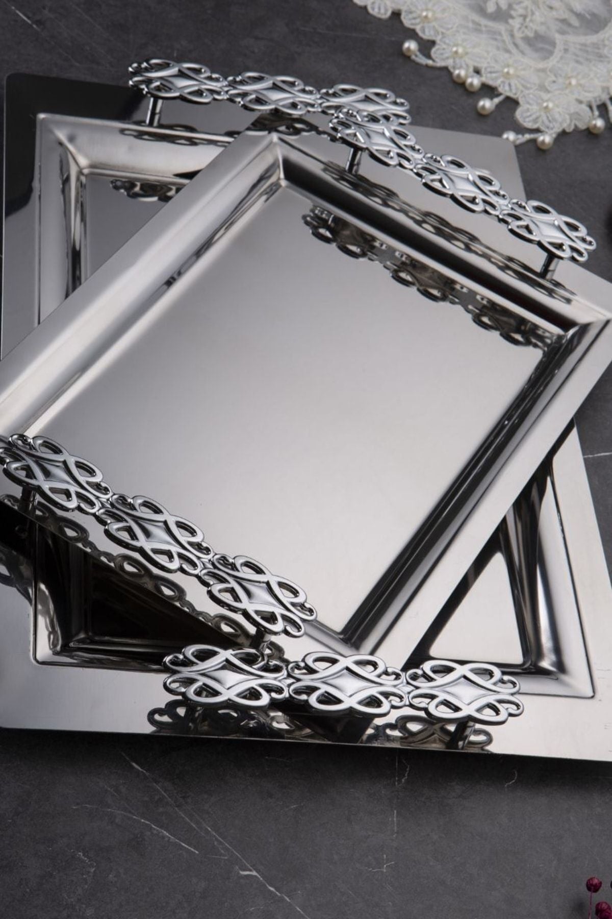 Mercan Silver Black 2'li İkramlık Sunumluk Servis Ve Çay Tepsisi - Perla
