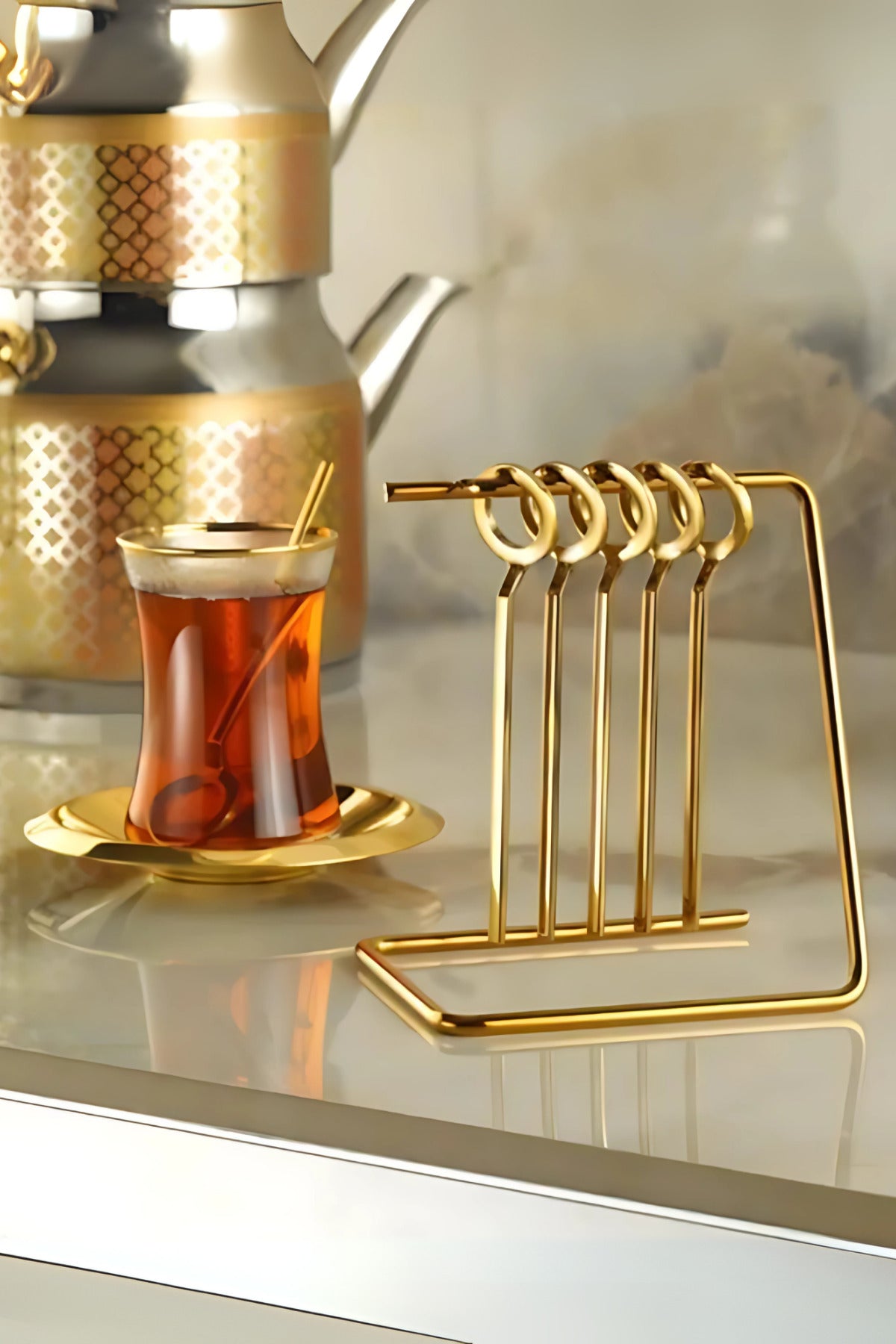 6'lı 18/10 Paslanmaz Çelik Askılı Gold Çay Kaşığı Sunum Kaşığı Seti