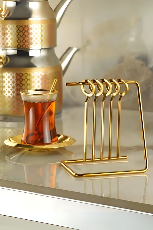 6'lı 18/10 Paslanmaz Çelik Askılı Gold Çay Kaşığı Sunum Kaşığı Seti