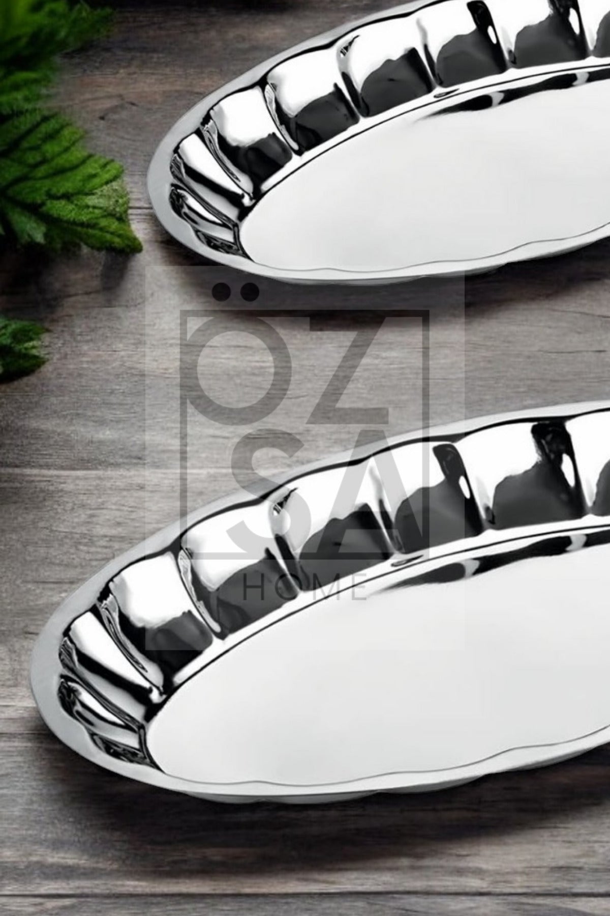 2'li Paslanmaz Çelik Meyve ve Salata Tabağı Servis Sunum Parlak Dilimli Kayık Tabak Seti No:4 & No:5 - Gümüş