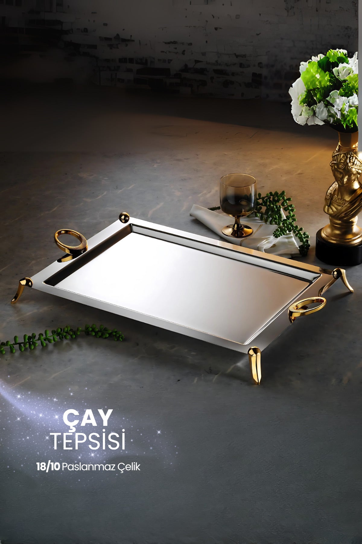 Vanes Gold 18/10 Paslanmaz Çelik Ayaklı Tepsi Çay ve Kahve Servis Sunum İkramlık Tepsi