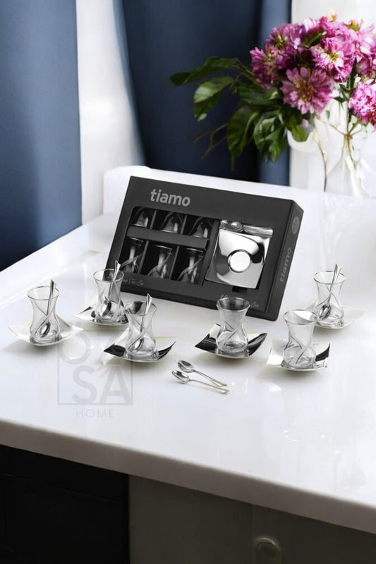 Tiamo Ela Premium 18/10 Paslanmaz Çelik 18 Parça Çay Seti Çay Bardağı Çay Tabağı Çeyizlik