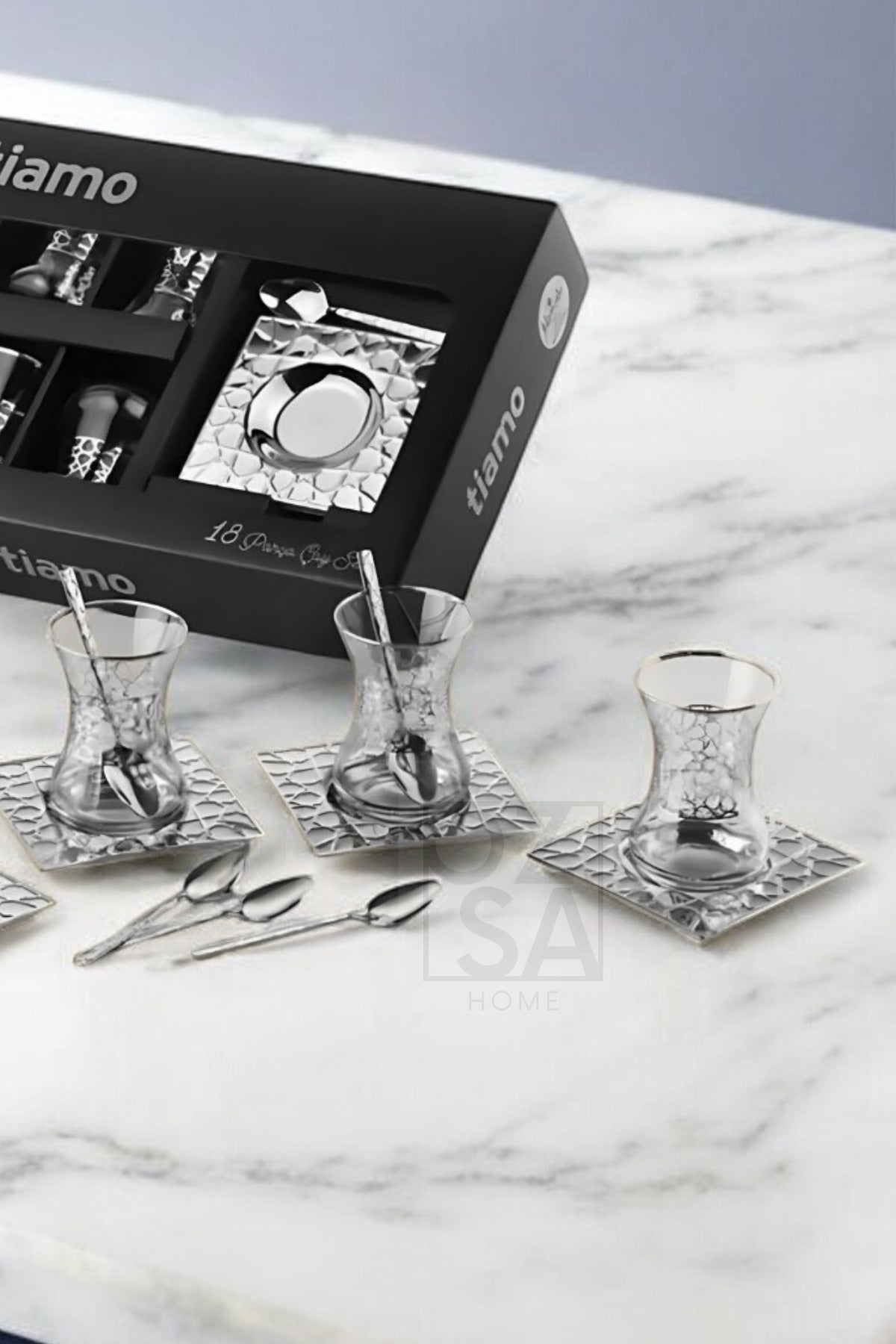 Tiamo Selçuklu Premium 18/10 Paslanmaz Çelik 18 Parça Çay Seti Çay Bardağı Çay Tabağı Çeyizlik - Gümüş