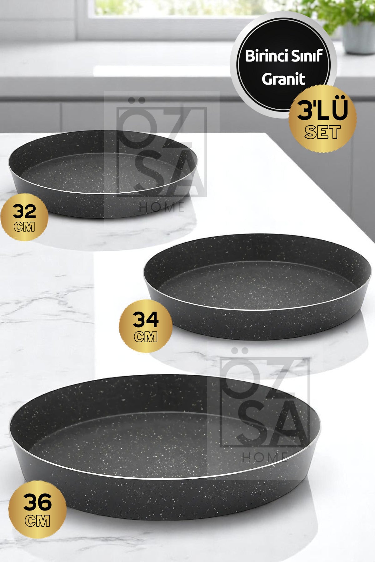 3'lü Granit Fırın Tepsi Seti Yuvarlak Fırın Tepsi Set 32-34-36 Cm