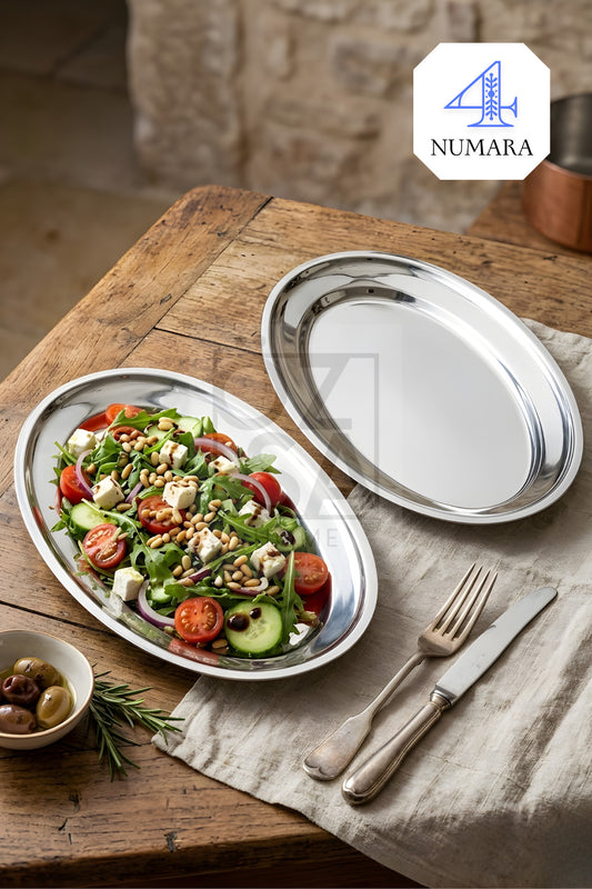 Ovalis 2'li Çelik Meyve Salata Meze Tabağı Servis Sunum Parlak Kayık Tabak Seti No: 4