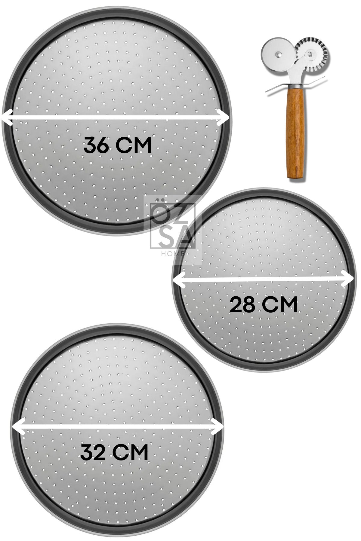 3'lü Delikli Pizza Tepsisi Lahmacun Pide Tepsisi Çelik Tepsi Bambu Çift Taraflı Pizza Ruleti Seti - Gümüş