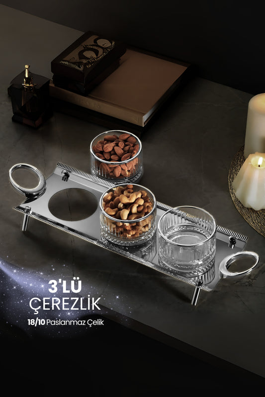 Anes 3'lü Çerezlik Kulplu İkramlık Sunumluk 18/10 Paslanmaz Çelik Elysia Kase İkramlık Reçellik - Gri