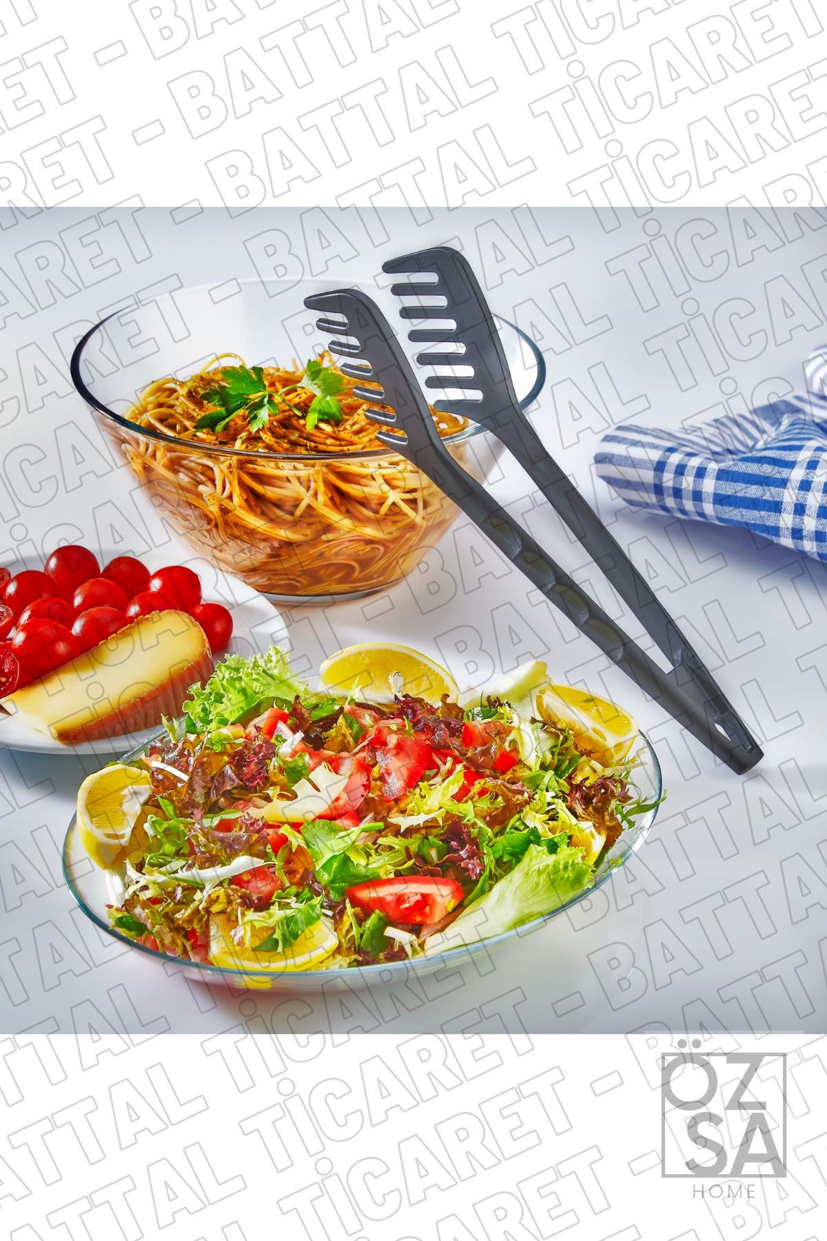 Pratik Yanmaz Yapışmaz Sert Teflon Plastik Makarna Maşası | 220 Dereceye Dayanıklı Salata Maşa - Siyah