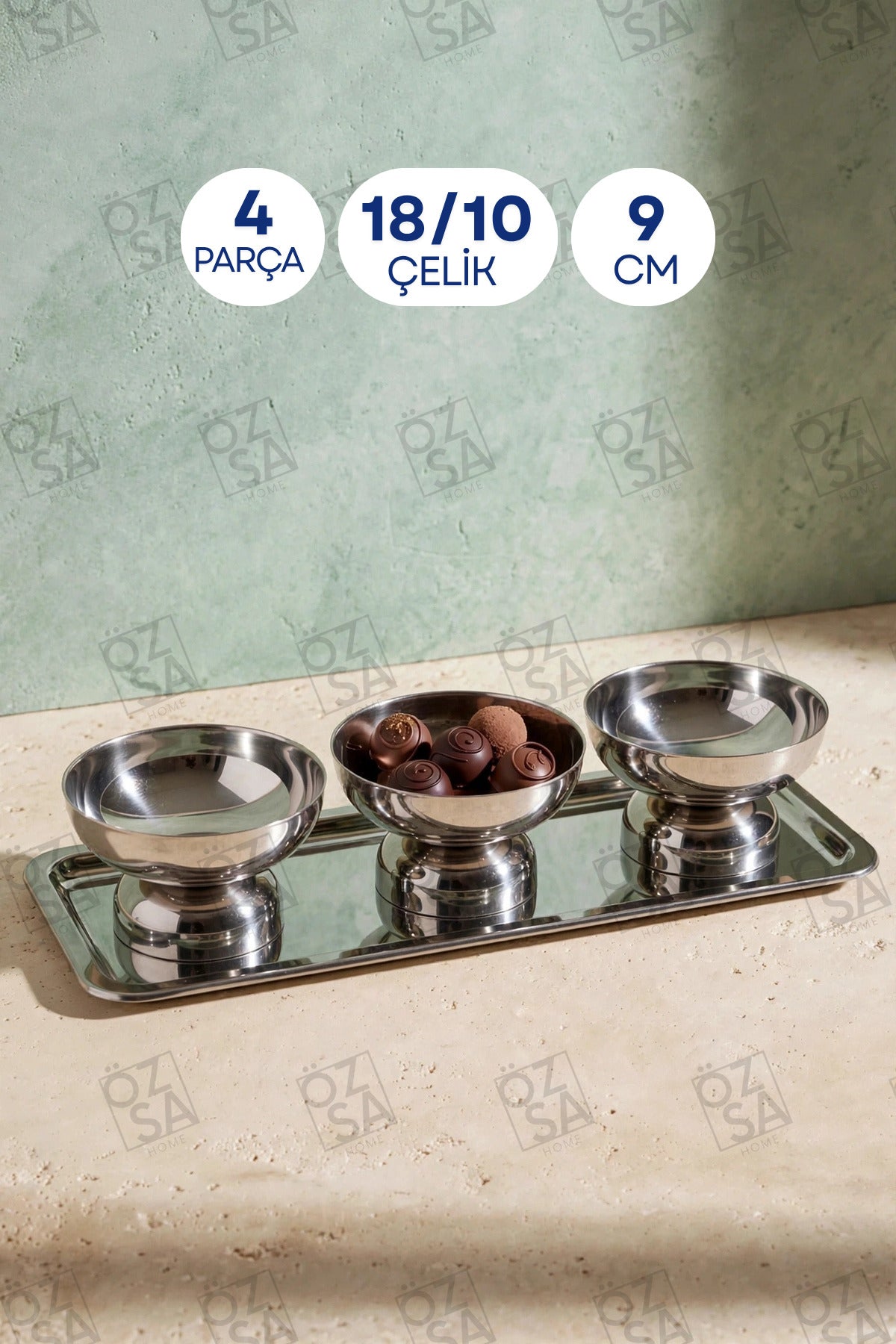 İnci 4 Parça 18/10 Çelik Dondurmalık Sunum Seti Çerezlik Reçellik Tatlı Kasesi Tepsi Seti Çelik